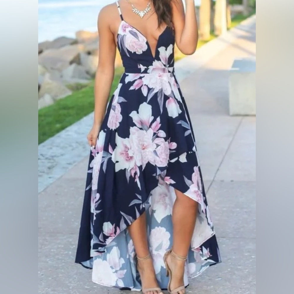 Luxxel Floral High-Low Boho Maxi Dress in Navy Pink White Flowers Hi-Lo Size S